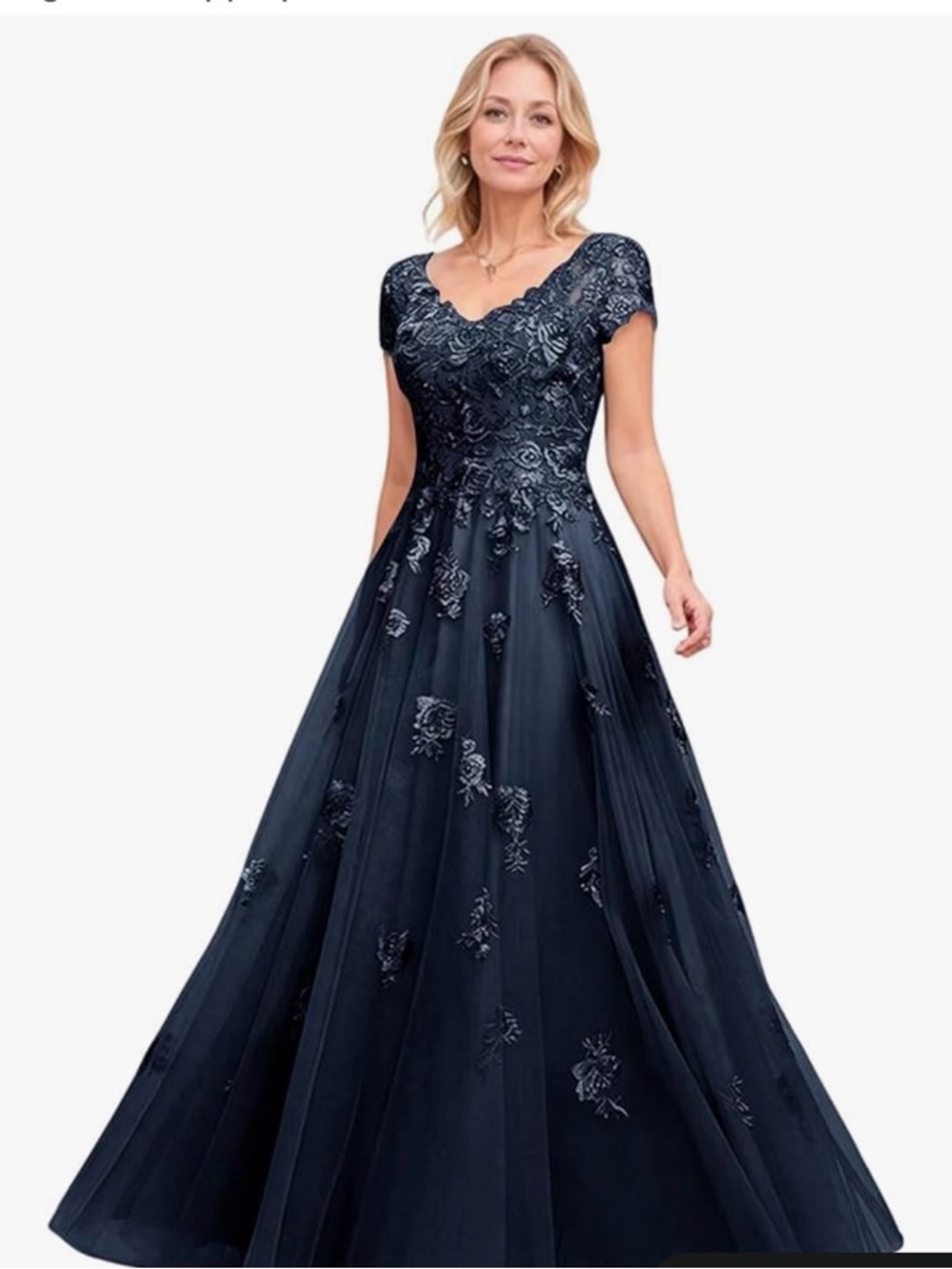 Elegant Navy Lace Appliqué Evening Dress
